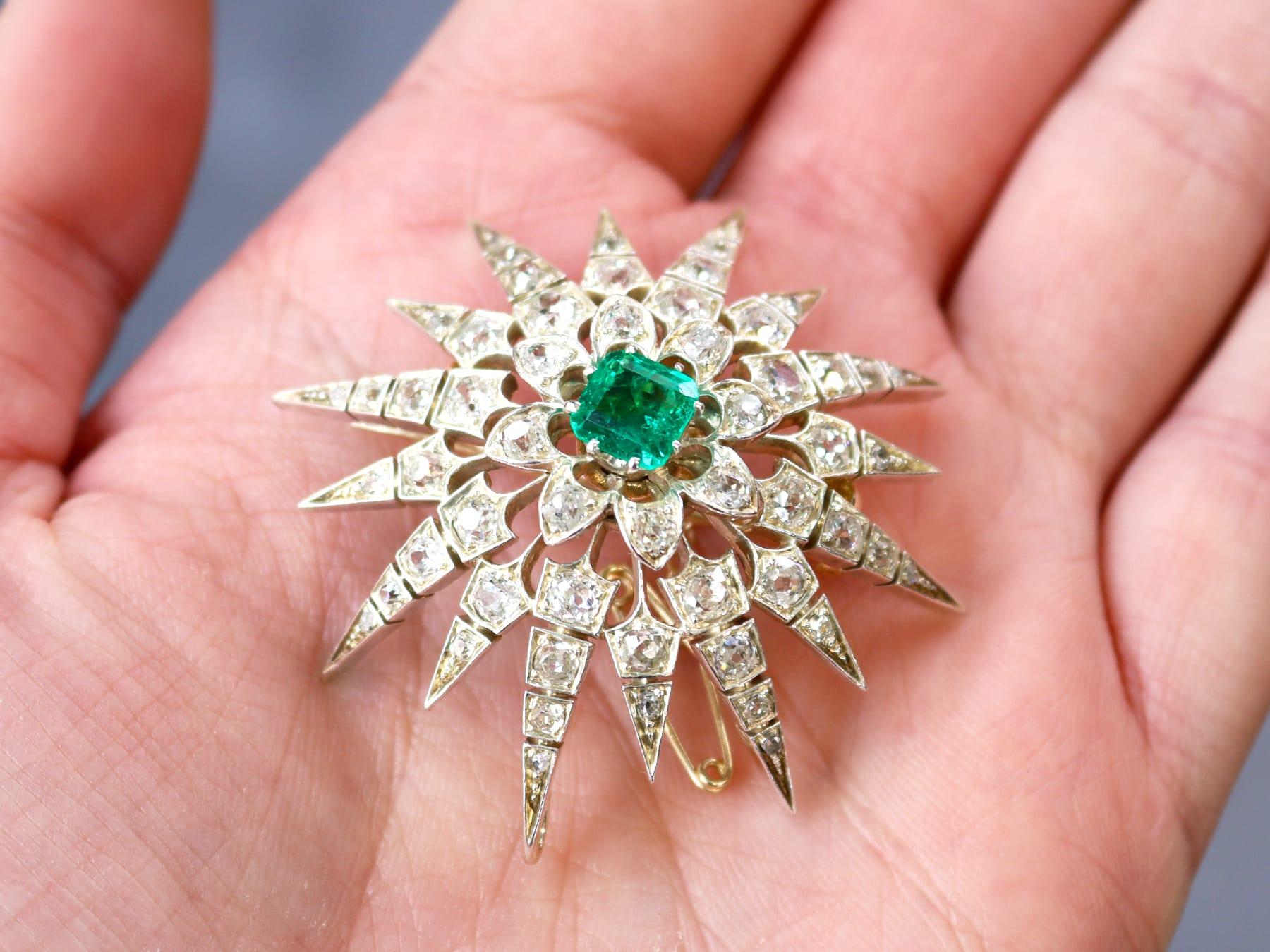 Square Cut Antique 1.60Ct Emerald, 4.22Ct Diamond and 12k Yellow Gold Brooch Pendant For Sale