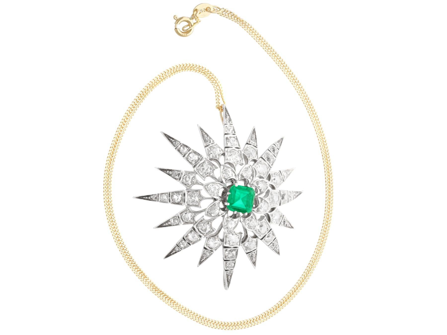 Women's or Men's Antique 1.60Ct Emerald, 4.22Ct Diamond and 12k Yellow Gold Brooch Pendant For Sale