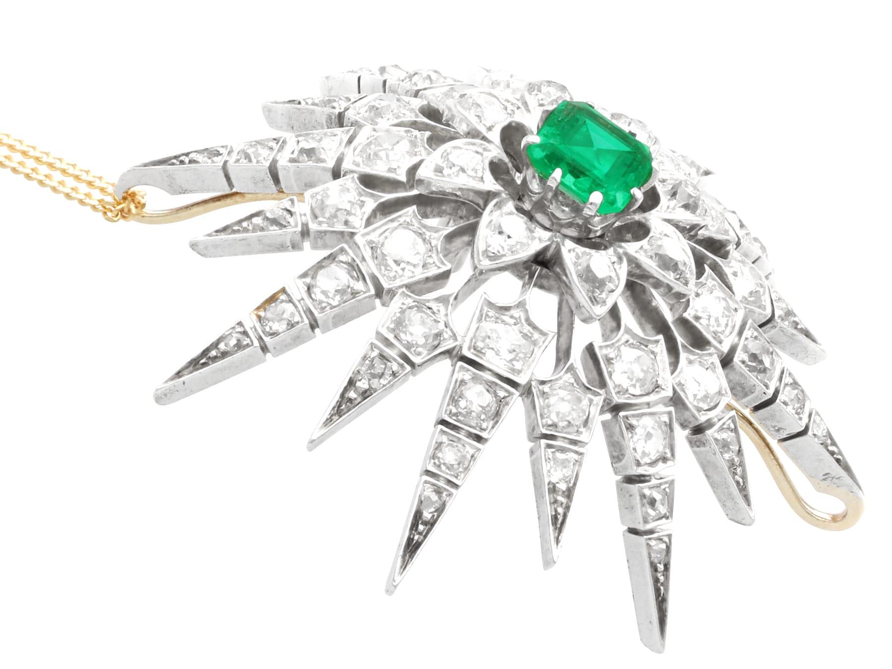 Antique 1.60Ct Emerald, 4.22Ct Diamond and 12k Yellow Gold Brooch Pendant For Sale 1