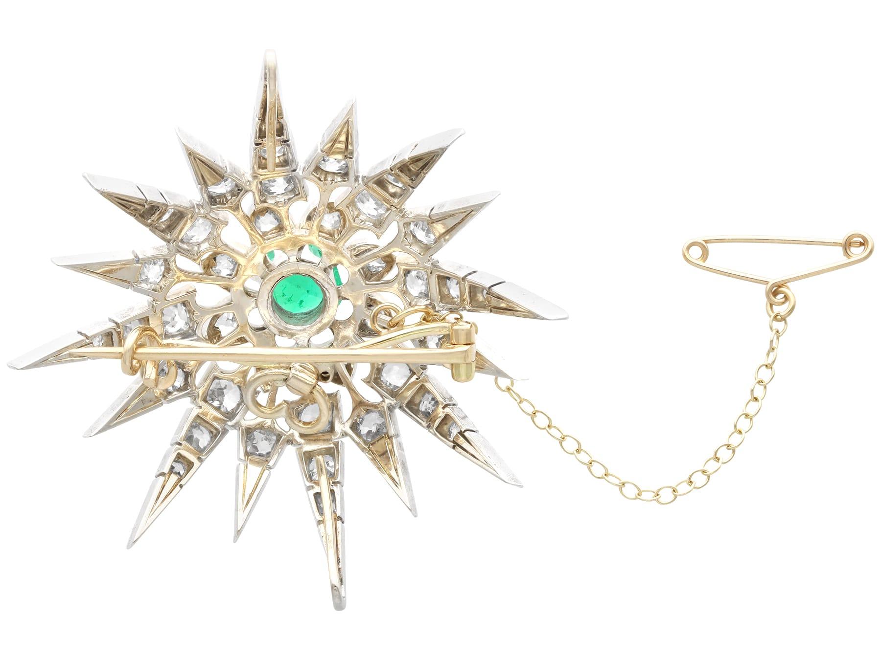 Antique 1.60Ct Emerald, 4.22Ct Diamond and 12k Yellow Gold Brooch Pendant For Sale 3