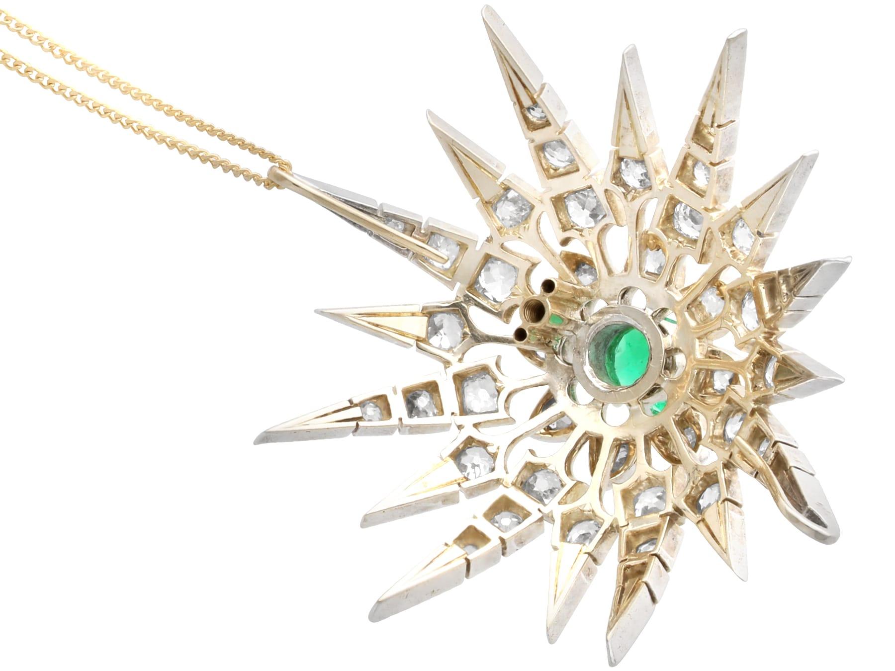 Antique 1.60Ct Emerald, 4.22Ct Diamond and 12k Yellow Gold Brooch Pendant For Sale 4