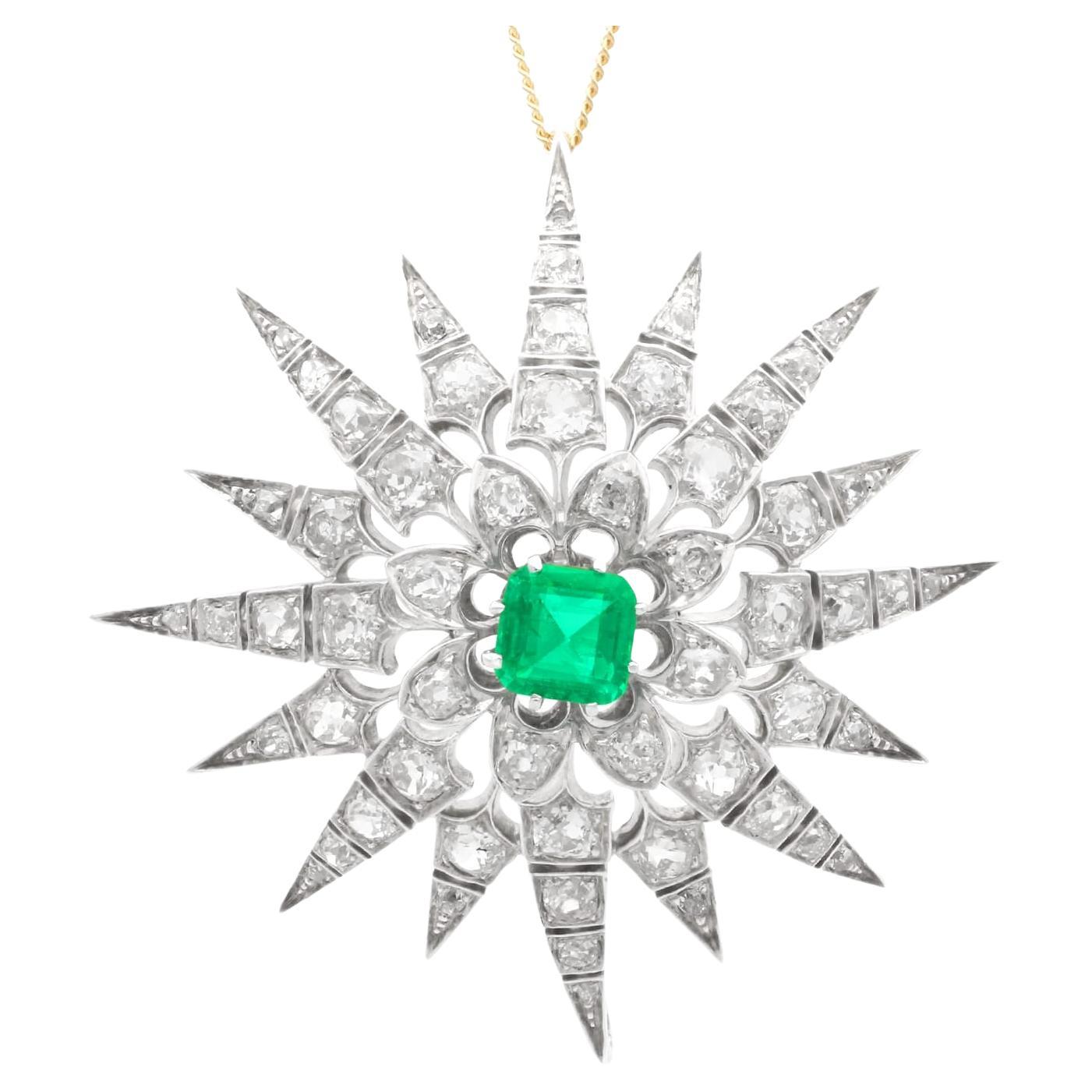Antique 1.60Ct Emerald, 4.22Ct Diamond and 12k Yellow Gold Brooch Pendant