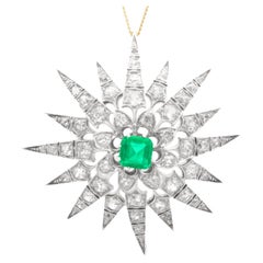 Antique 1.60Ct Emerald, 4.22Ct Diamond and 12k Yellow Gold Brooch Pendant