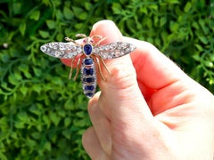 Antique 1.60ct Sapphire, 1.05ct Diamond, Ruby and 15k Yellow Gold Insect Brooch