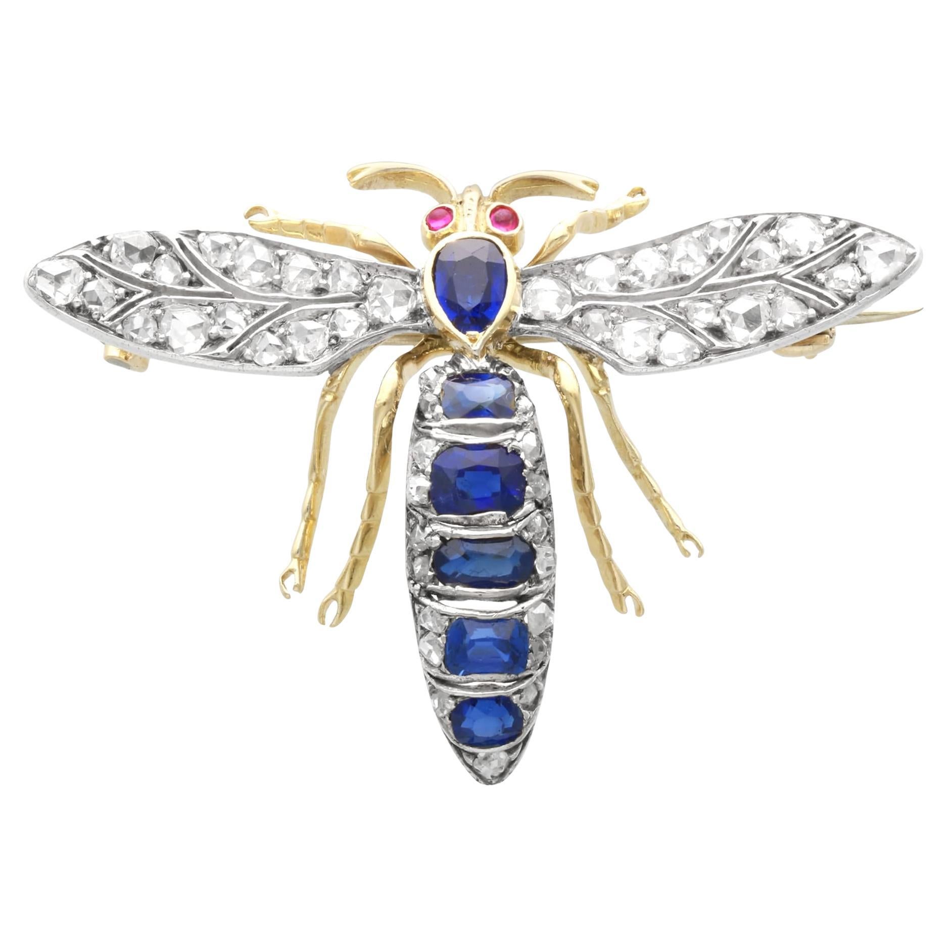 Antique 1.60ct Sapphire, 1.05ct Diamond, Ruby and 15k Yellow Gold Insect Brooch