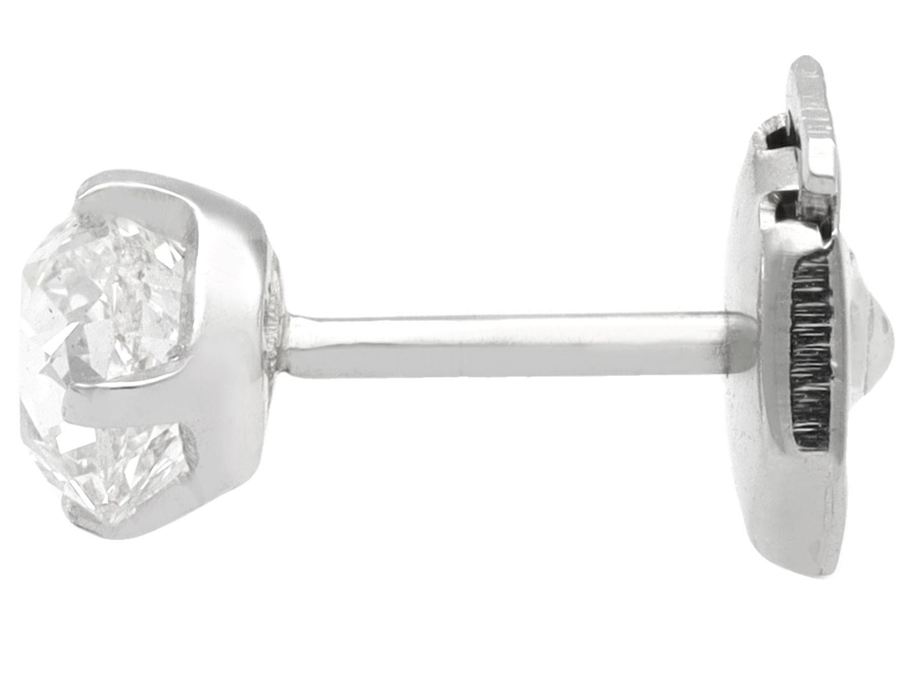 Old European Cut Antique 1.61 Carat Diamond and White Gold Stud Earrings