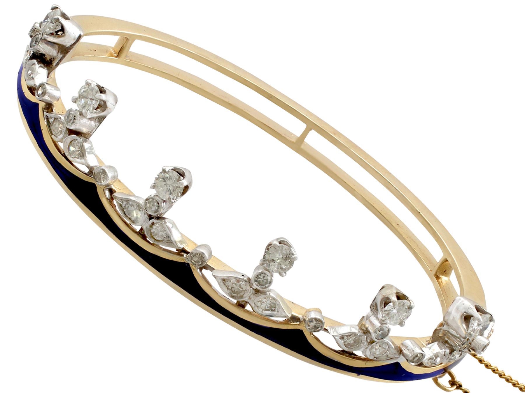 Round Cut 1930s Antique 1.62 Carat Diamond and Enamel Yellow Gold Crown Bangle For Sale
