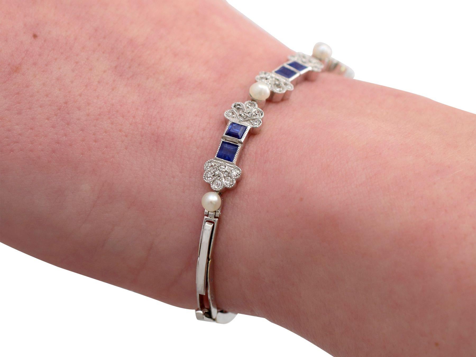 Antique 1.62 Carat Sapphire and Diamond Seed Pearl and White Gold Bracelet In Excellent Condition For Sale In Jesmond, Newcastle Upon Tyne