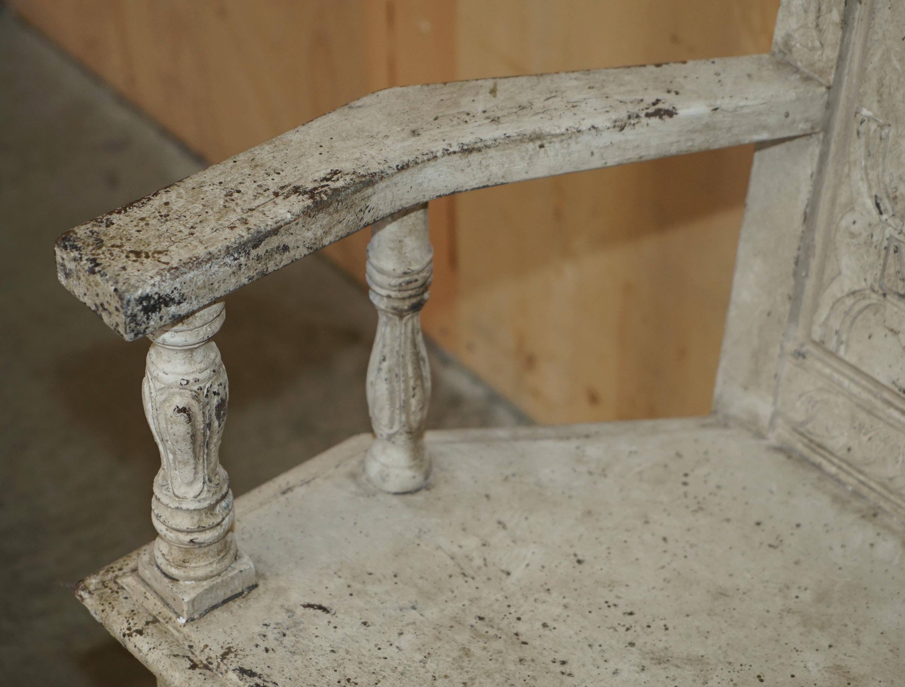 ANTICO 1622 DATATO ORNATAMENTE intagliato a mano IN INGLESE OAK PAINTED THRONE ARMCHAIR in vendita 5