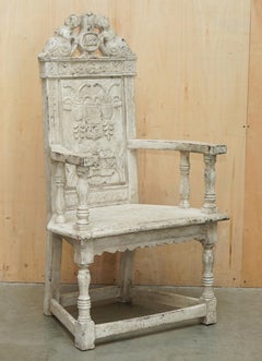 ANTICO 1622 DATATO ORNATAMENTE intagliato a mano IN INGLESE OAK PAINTED THRONE ARMCHAIR