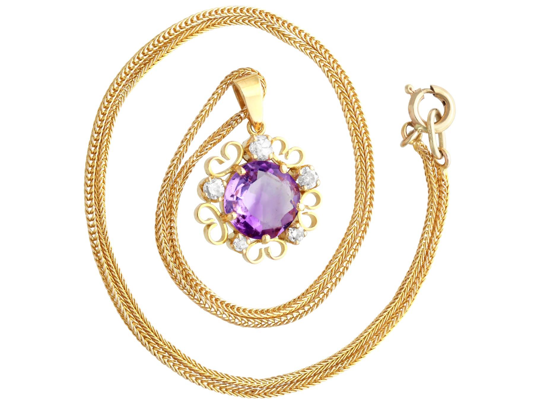 Round Cut Antique 1.63 Carat Amethyst and Diamond Yellow Gold Pendant, circa 1920 For Sale