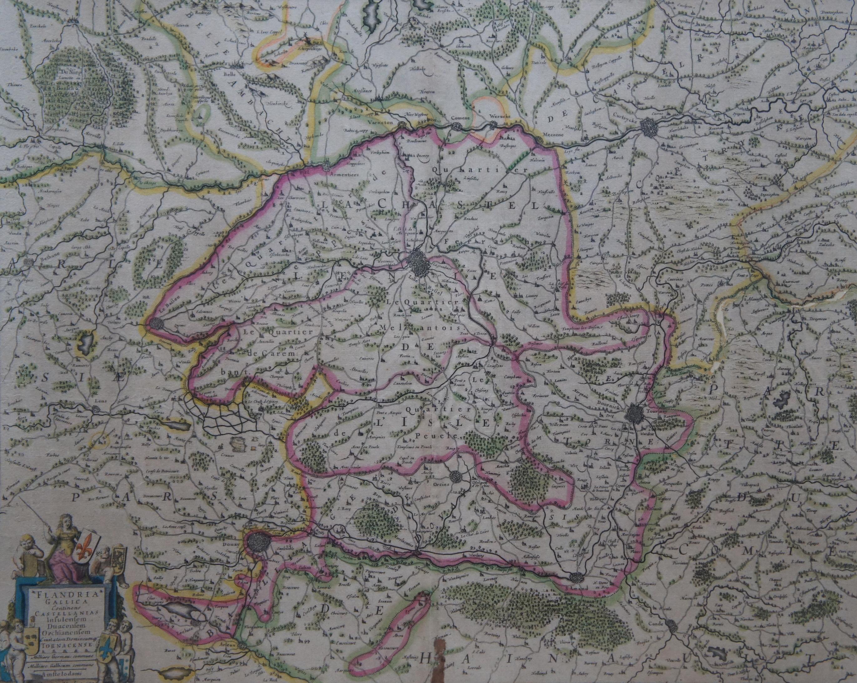 Ancienne carte de Belgique colorée 1630 Flandria Gallica Flanders Henricus Hondius en vente 1