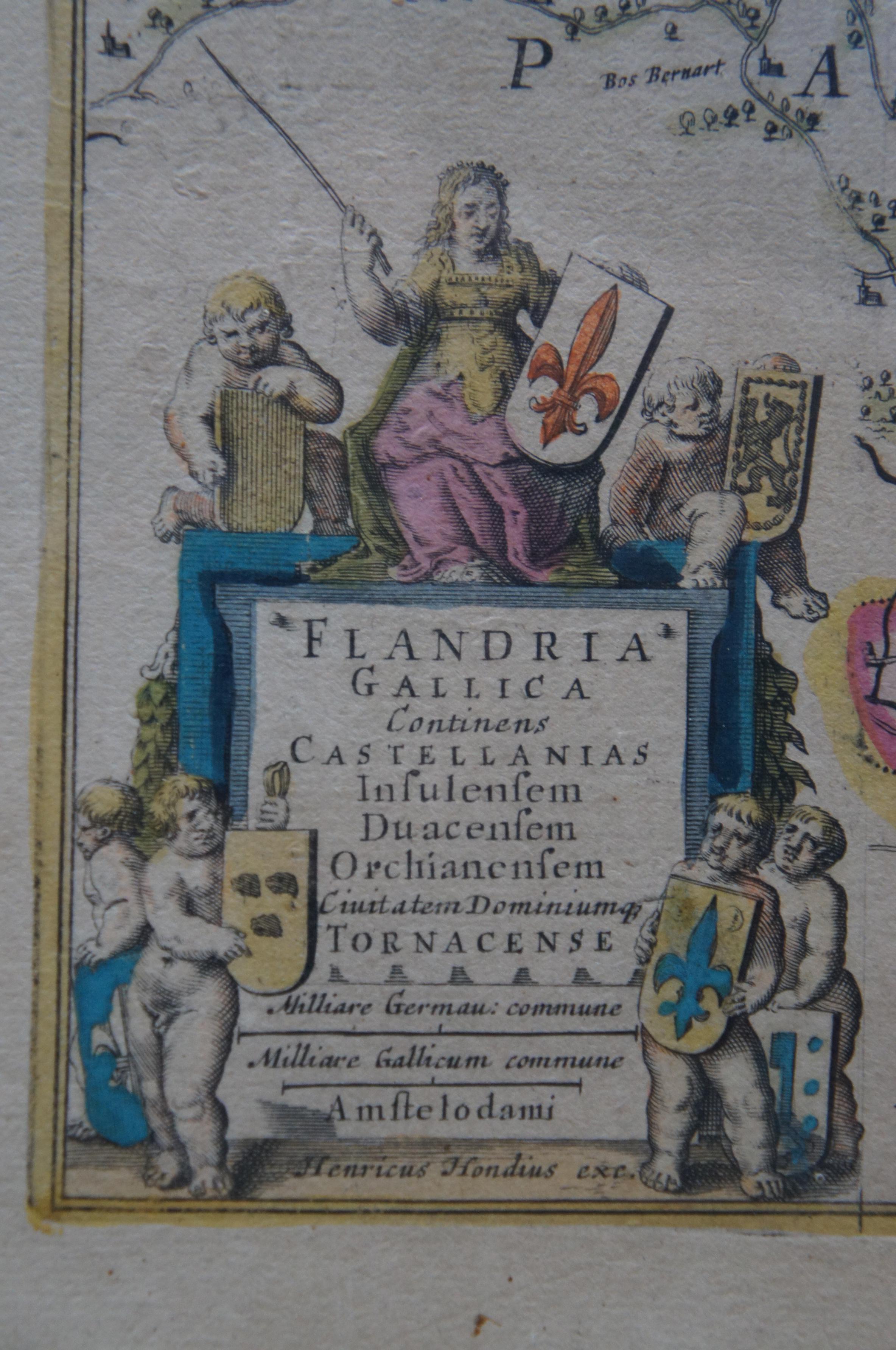 Ancienne carte de Belgique colorée 1630 Flandria Gallica Flanders Henricus Hondius en vente 3