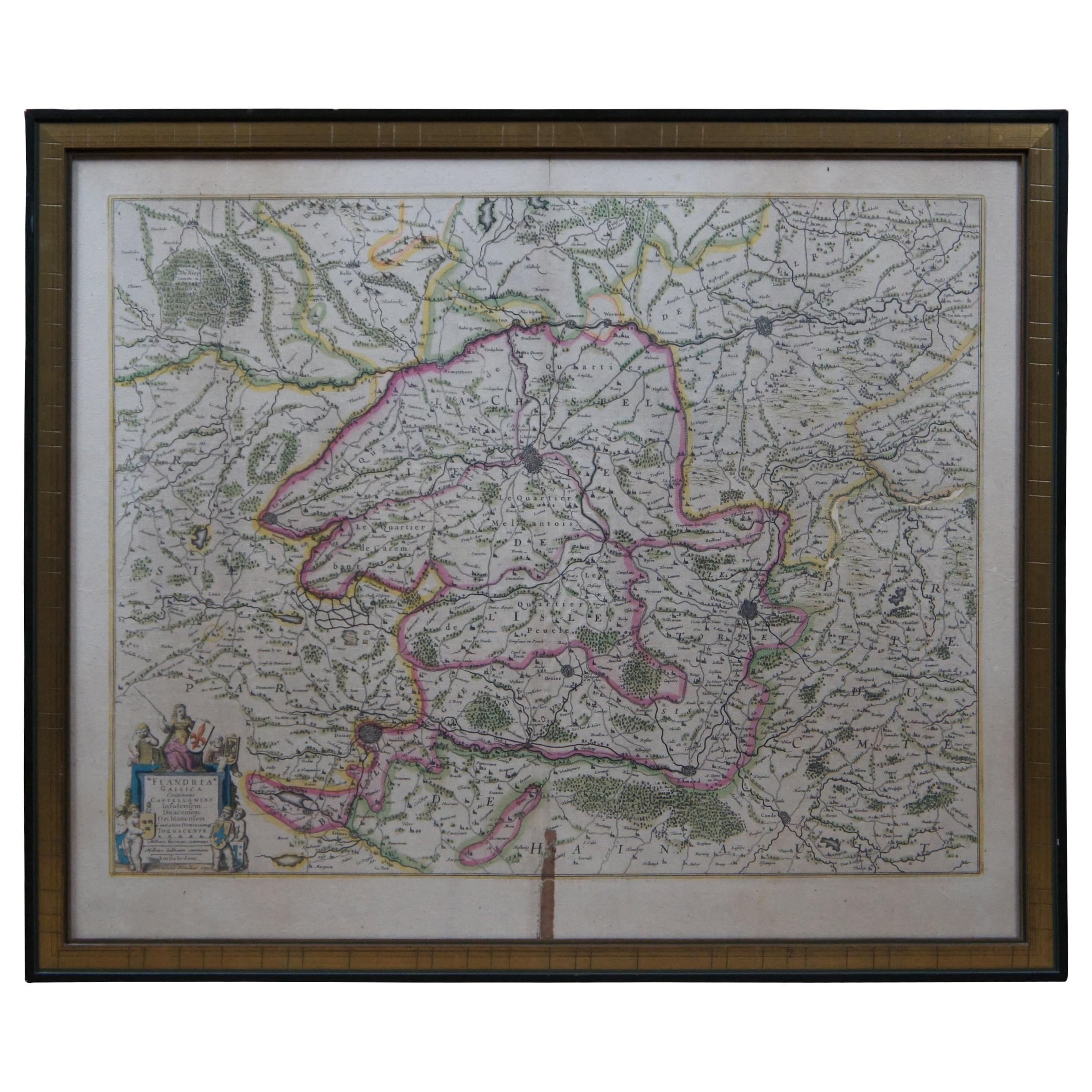 Antique 1630 Colored Belgium Map Flandria Gallica Flanders Henricus Hondius For Sale