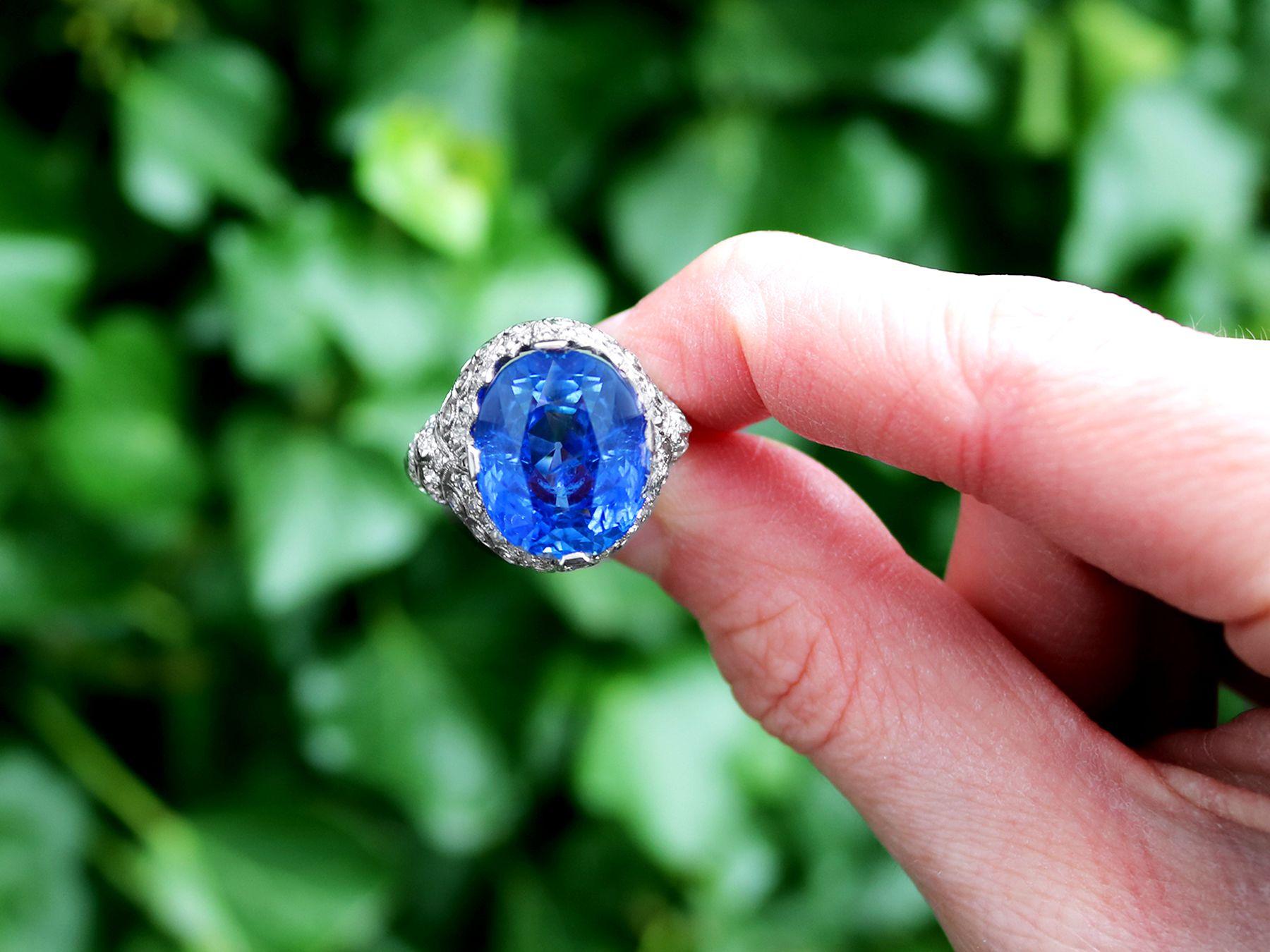 A stunning, fine and impressive antique 16.31 Ceylon sapphire, 0.95 carat diamond and platinum cocktail ring; part of our diverse antique jewellery and estate jewelry collections.

This stunning, fine and impressive sapphire and diamond ring has