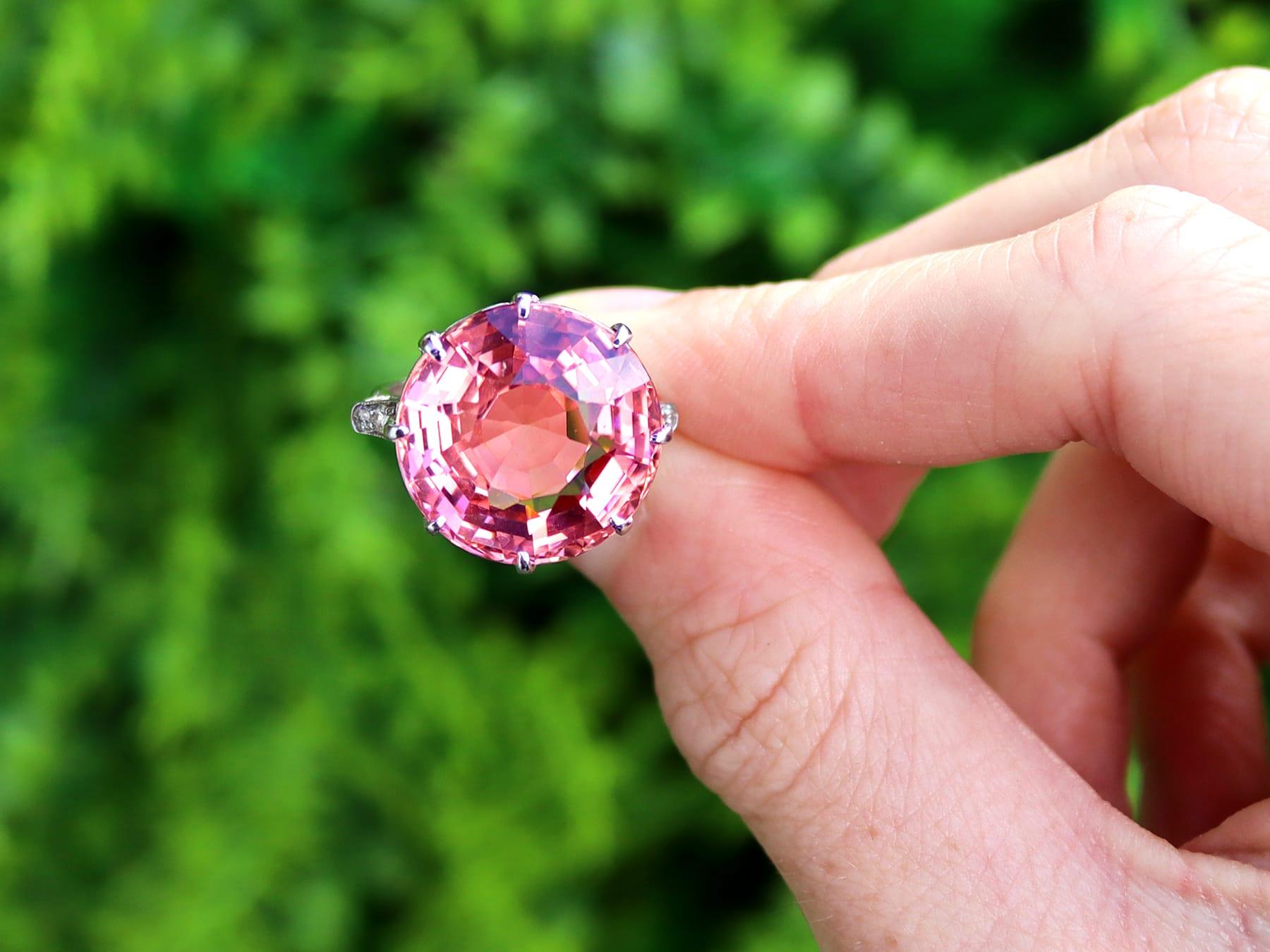 A stunning, fine and impressive 16.41 carat pink tourmaline and 0.12 carat diamond, 18 karat white gold dress ring; part of our vintage engagement ring collection.

This stunning, fine and impressive pink tourmaline ring has been crafted in 18k