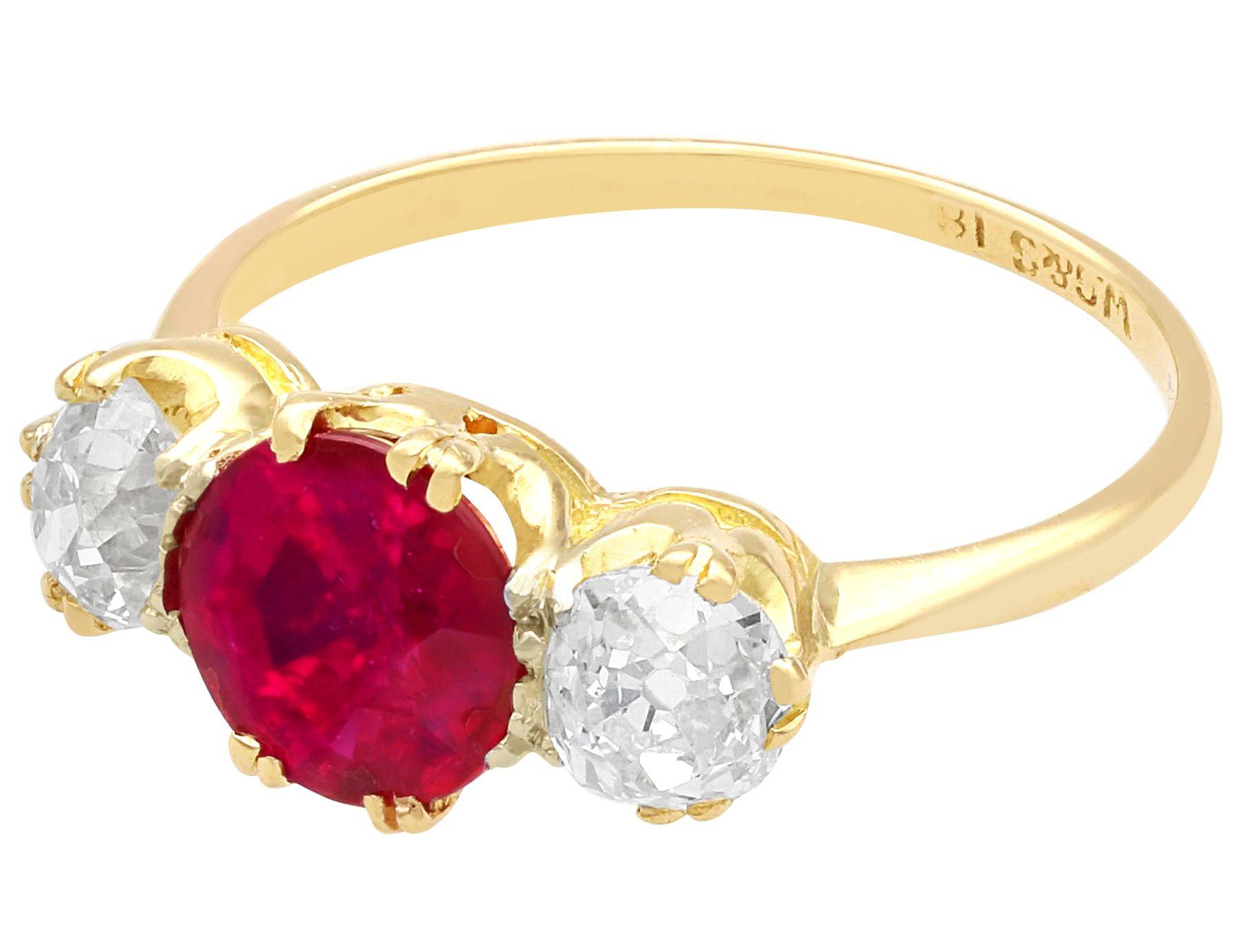 Old European Cut Antique 1.65 Carat Ruby and 1.07 Carat Diamond Yellow Gold Trilogy Ring For Sale