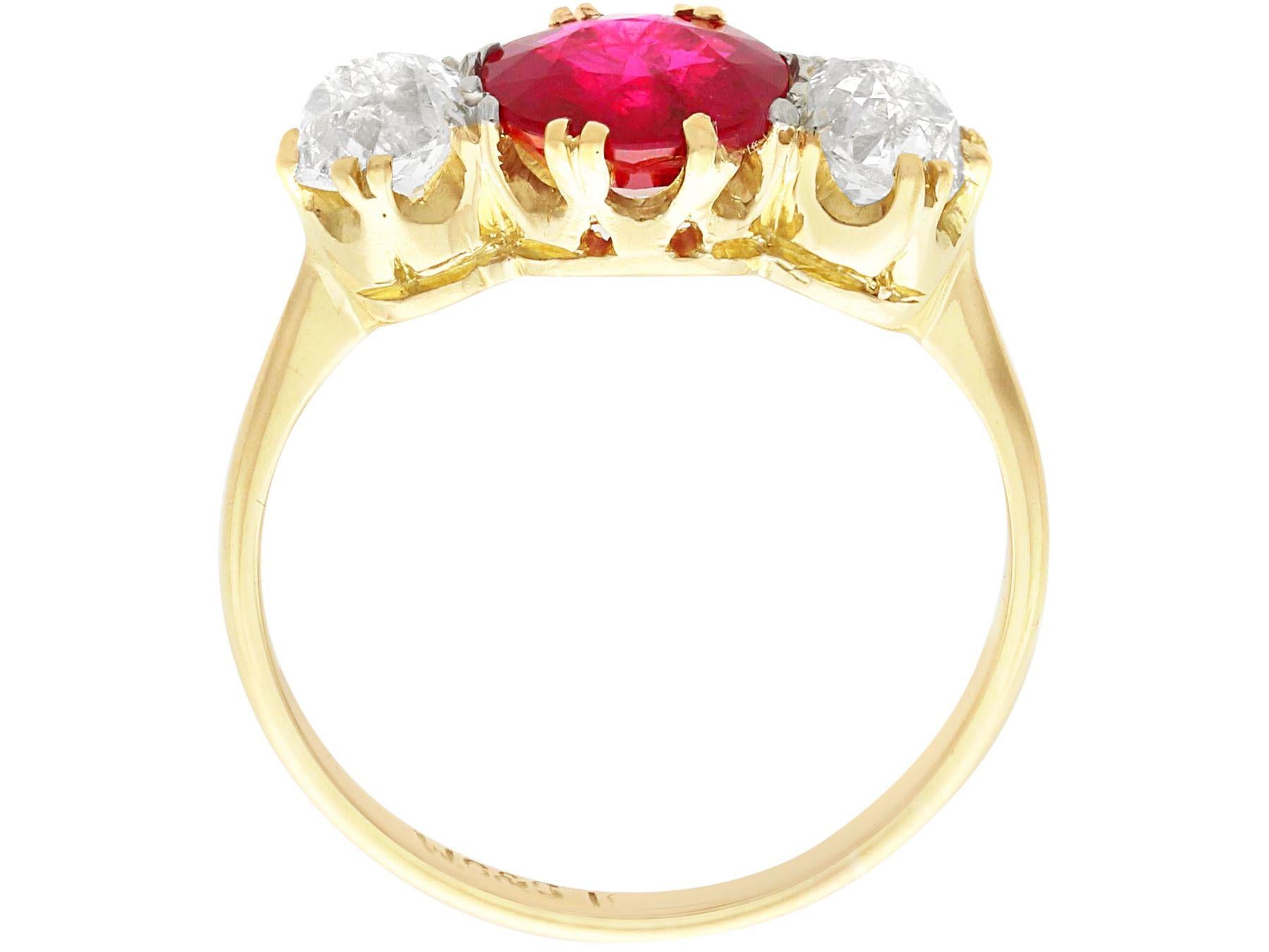 Women's or Men's Antique 1.65 Carat Ruby and 1.07 Carat Diamond Yellow Gold Trilogy Ring For Sale