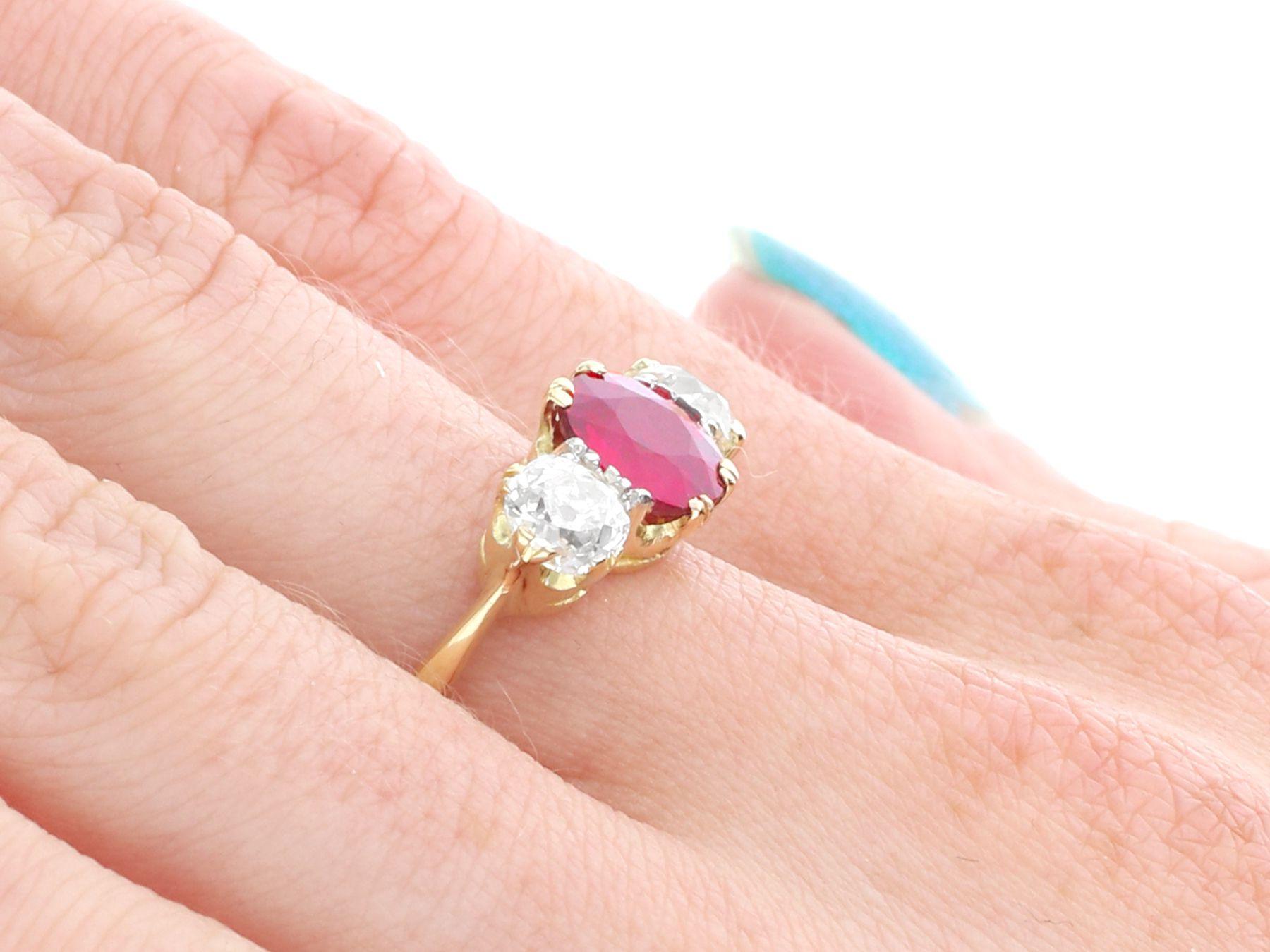 Antique 1.65 Carat Ruby and 1.07 Carat Diamond Yellow Gold Trilogy Ring For Sale 2