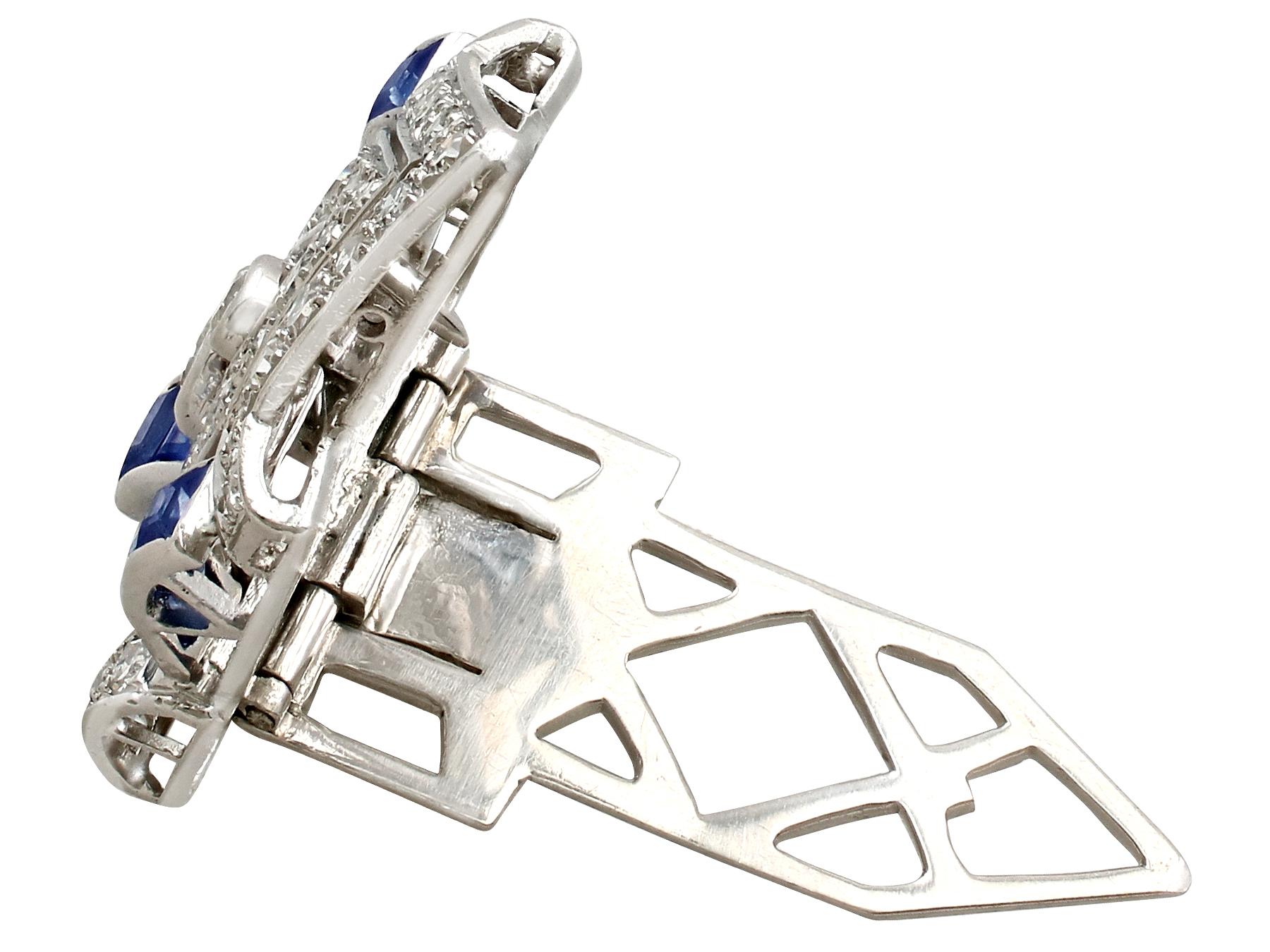 Antique 1.65 Carat Sapphire and 3.16 Carat Diamond White Gold Double Clip Brooch 5