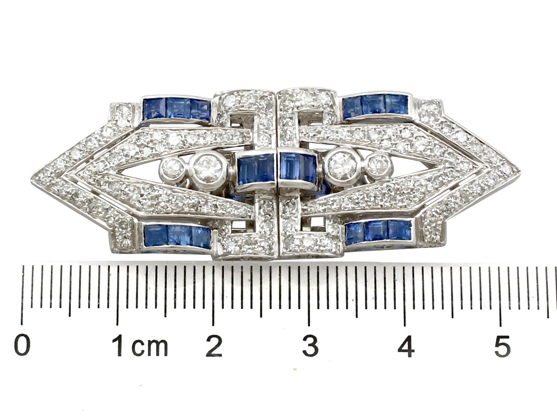 Antique 1.65 Carat Sapphire and 3.16 Carat Diamond White Gold Double Clip Brooch 6