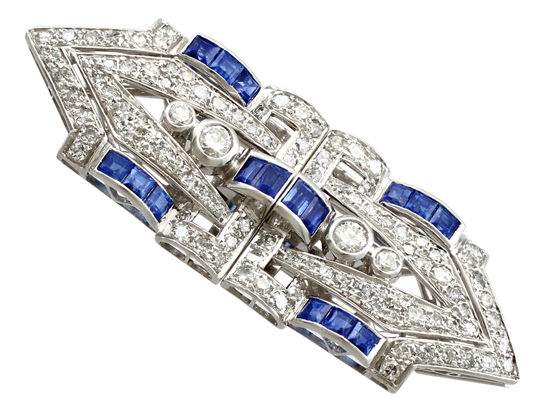 An impressive antique Art Deco 1.65 carat sapphire and 3.16 carat diamond, 18 karat white gold and platinum double clip brooch; part of our diverse antique jewellery and estate jewelry collections.

This fine and impressive antique sapphire and