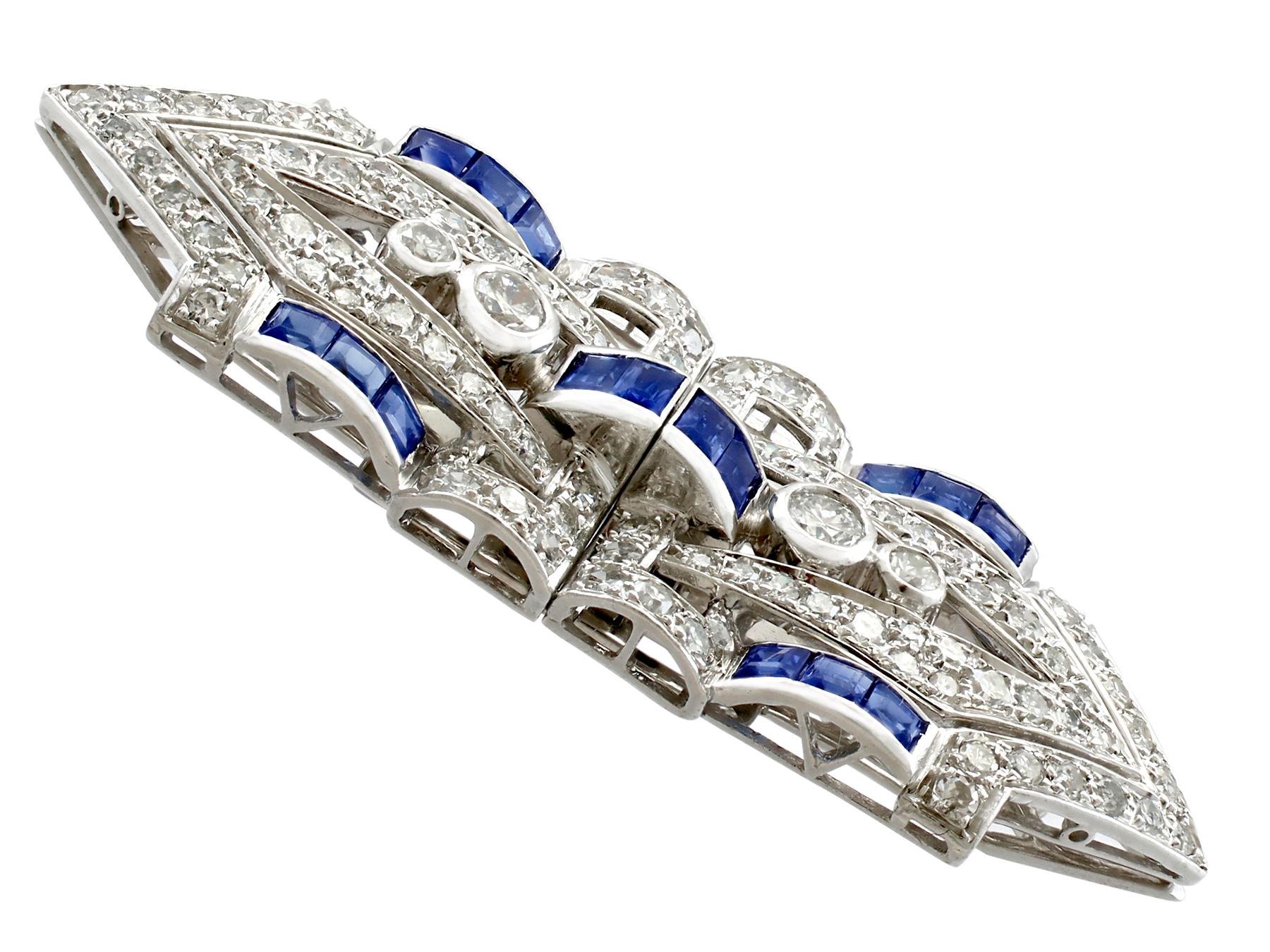 Art Deco Antique 1.65 Carat Sapphire and 3.16 Carat Diamond White Gold Double Clip Brooch