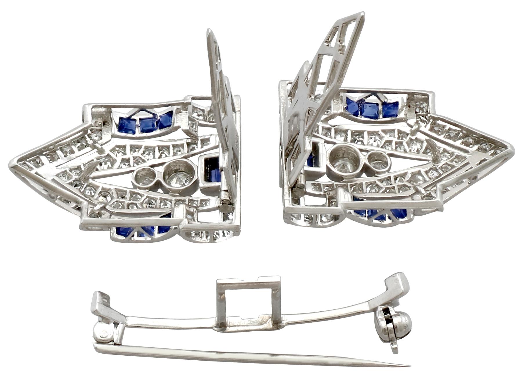 Antique 1.65 Carat Sapphire and 3.16 Carat Diamond White Gold Double Clip Brooch 2