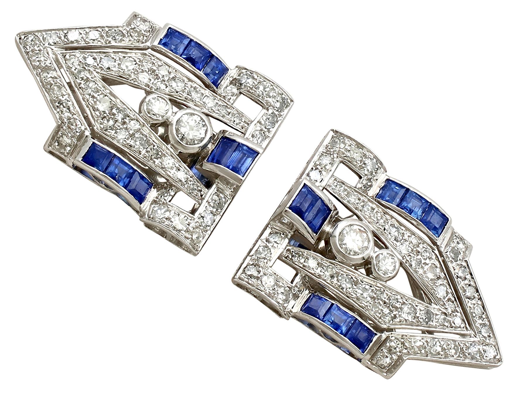 Antique 1.65 Carat Sapphire and 3.16 Carat Diamond White Gold Double Clip Brooch 3