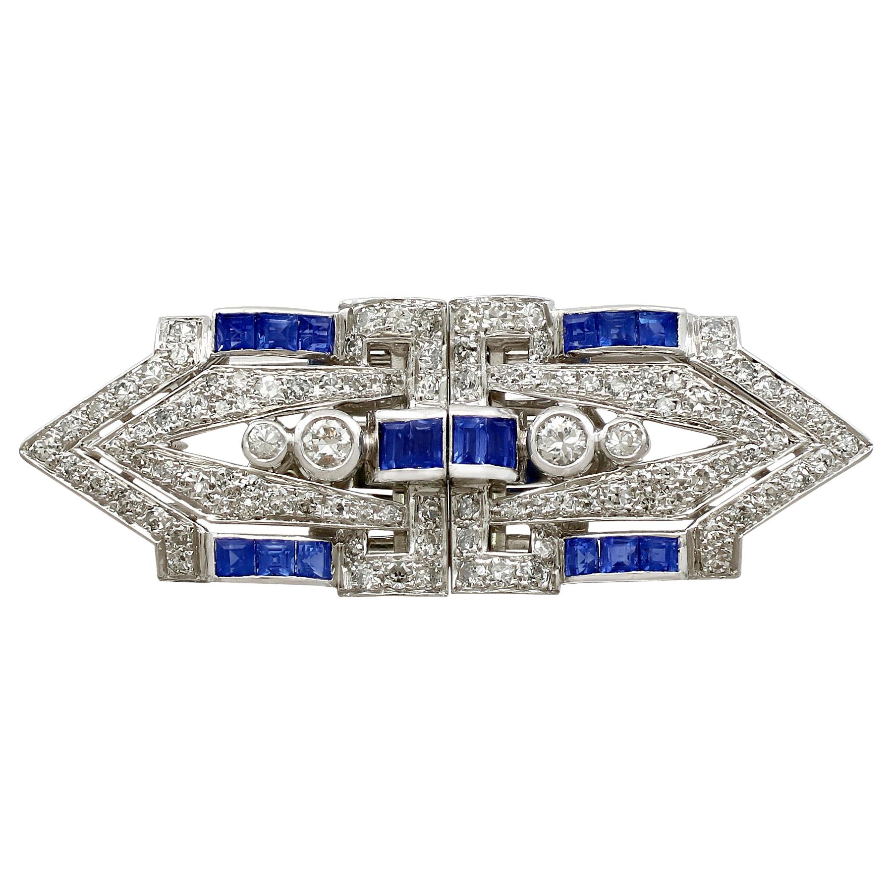 Antique 1.65 Carat Sapphire and 3.16 Carat Diamond White Gold Double Clip Brooch