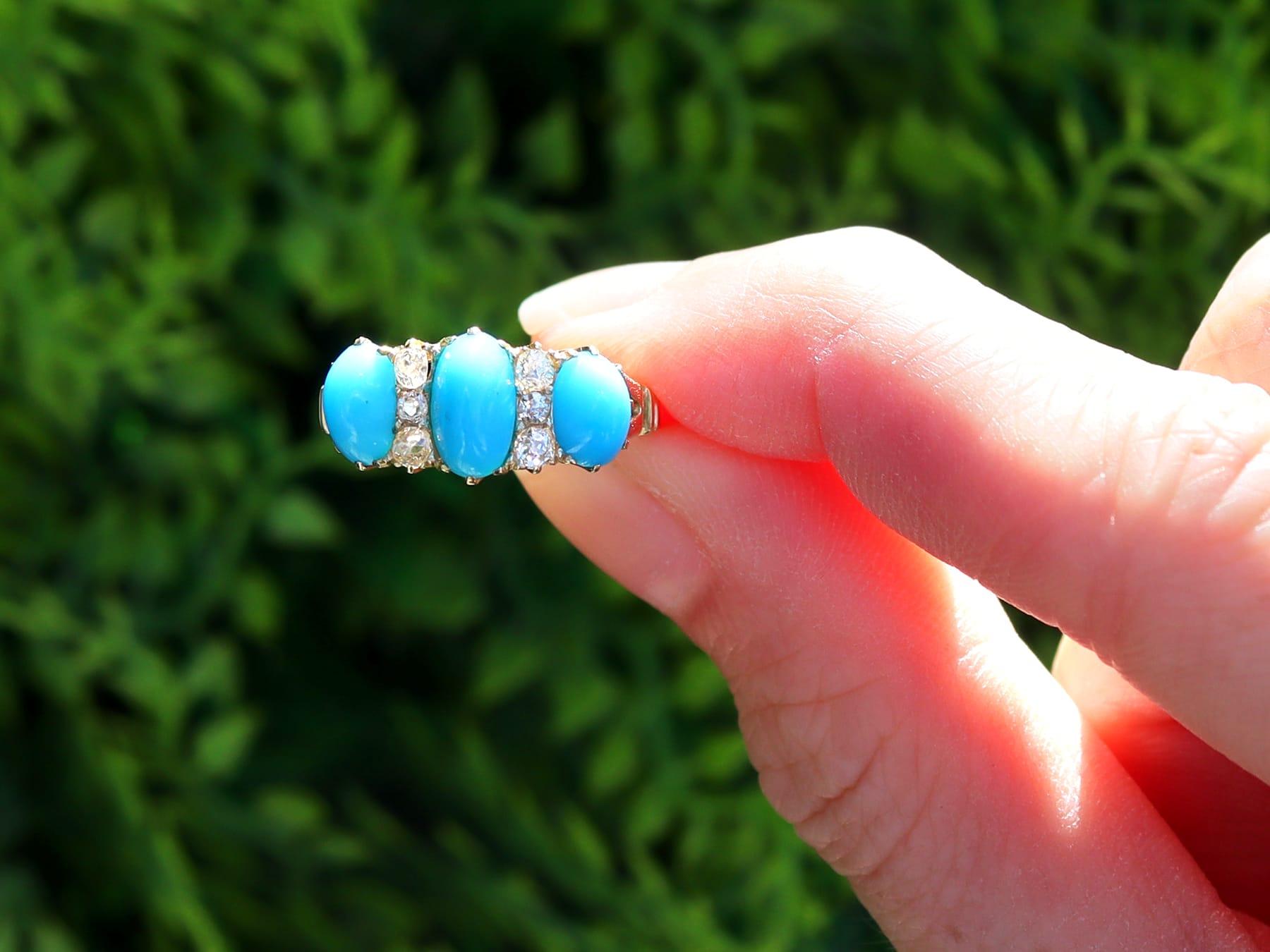 A fine and impressive antique Victorian 1.65 carat turquoise, 0.24 carat diamond and 15 karat yellow gold ring; part of our turquoise jewelry collection.

This fine and impressive antique Victorian ring has been crafted in 15k yellow gold.

The