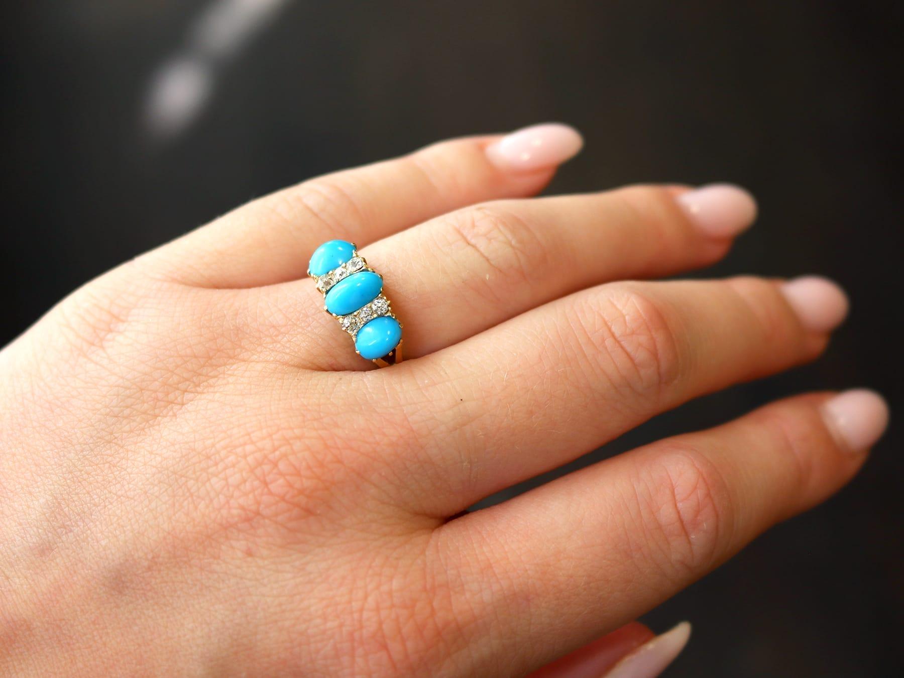 Women's or Men's Antique 1.65 Carat Turquoise 0.24 Carat Diamond 15k Yellow Gold Ring Circa 1890 For Sale