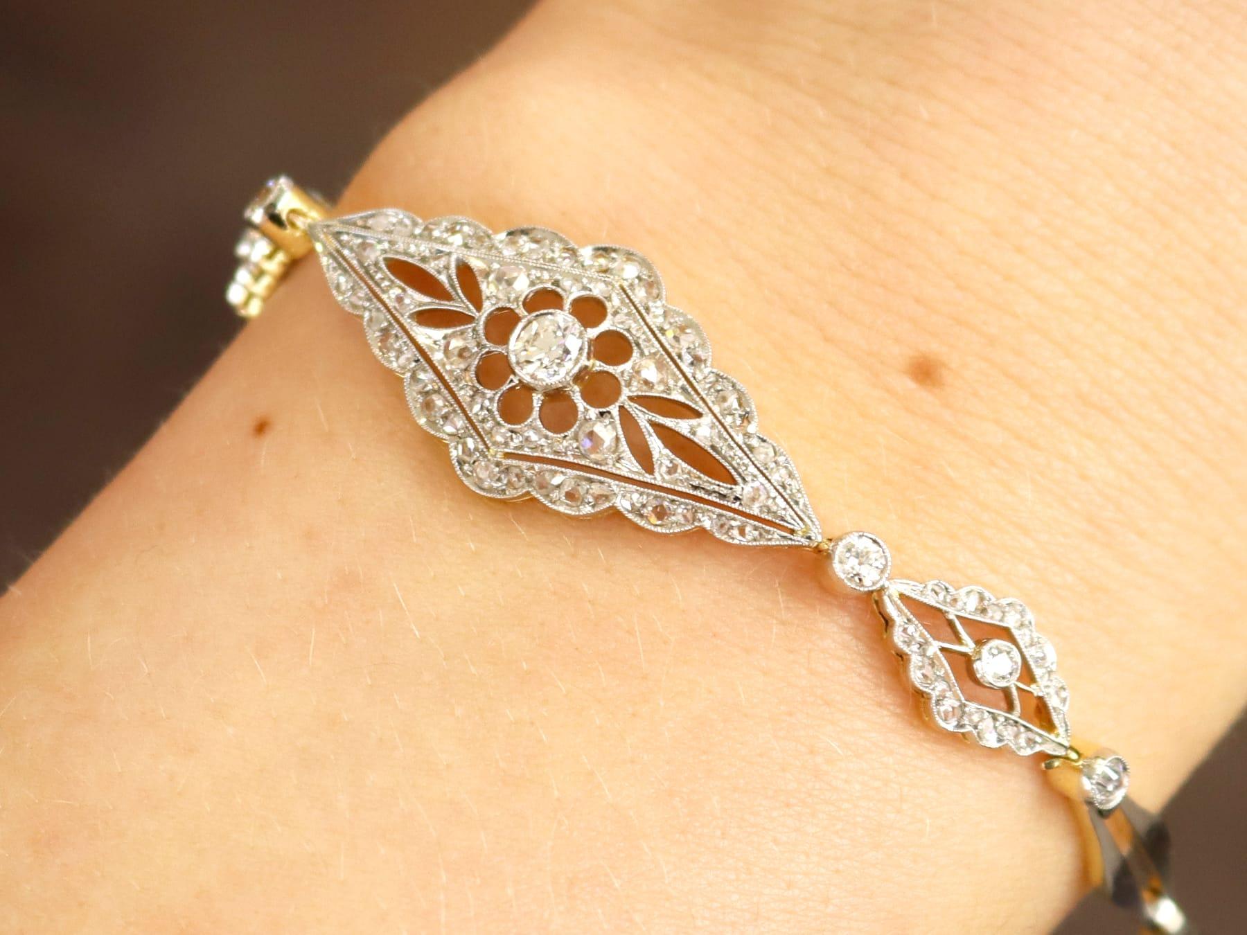 Old European Cut Antique 1.67 Carat Diamond and 18k Yellow Gold Bracelet Circa 1910 For Sale