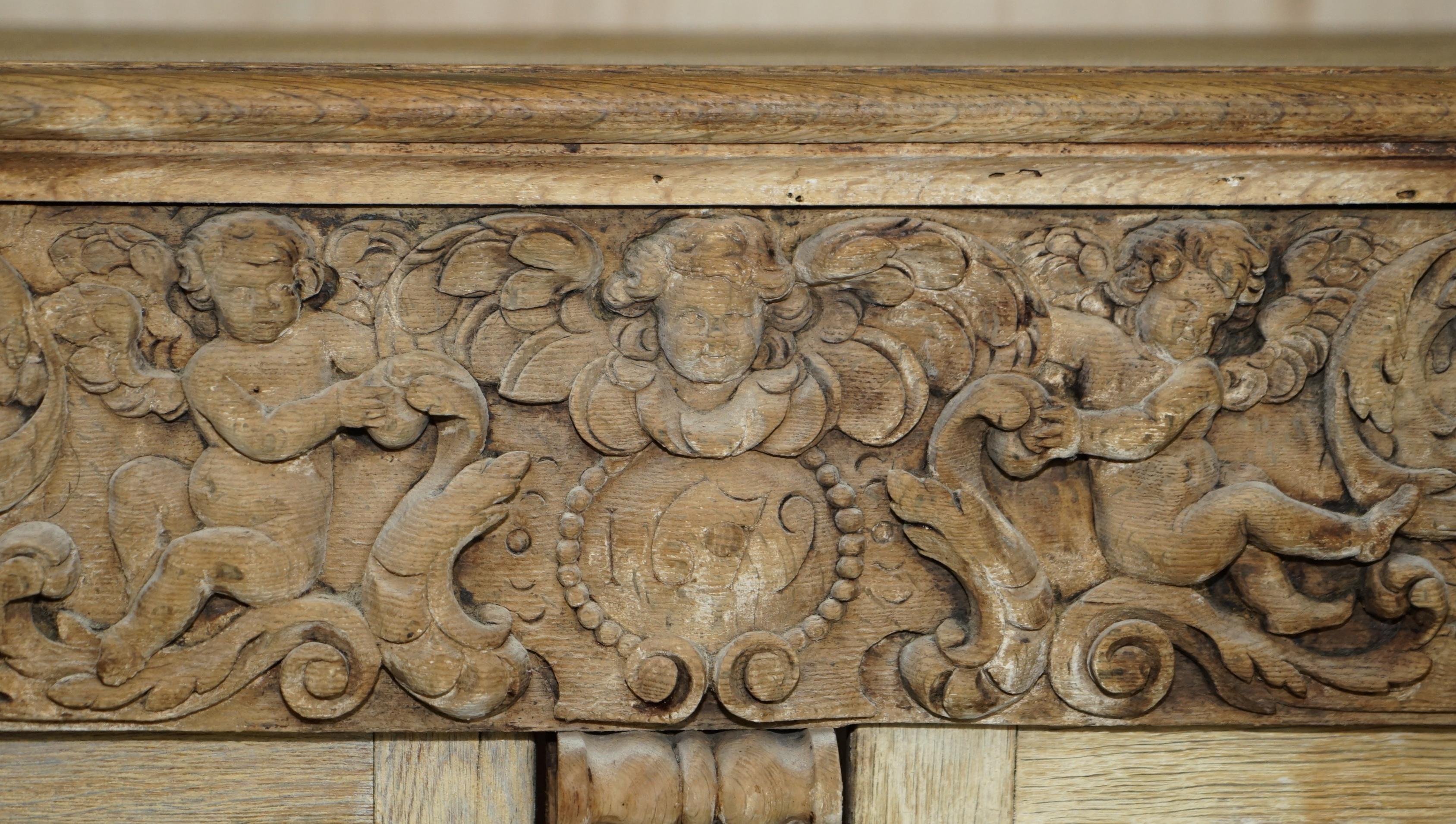 Antique 1679 Dated Charles II Hand Carved Sideboard Cherub Angels Grape Vines For Sale 1