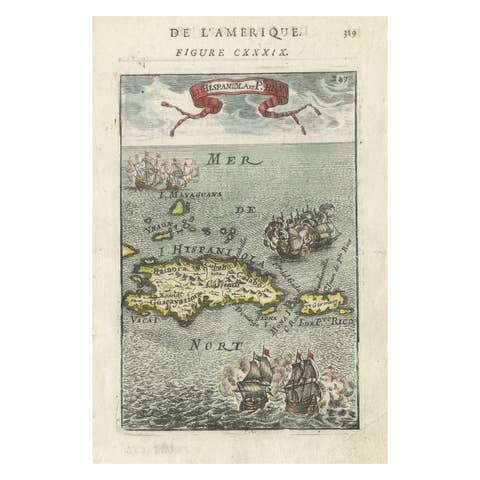 Antique 1683 Map of Hispaniola and Puerto Rico in the Caribbean by Mallet