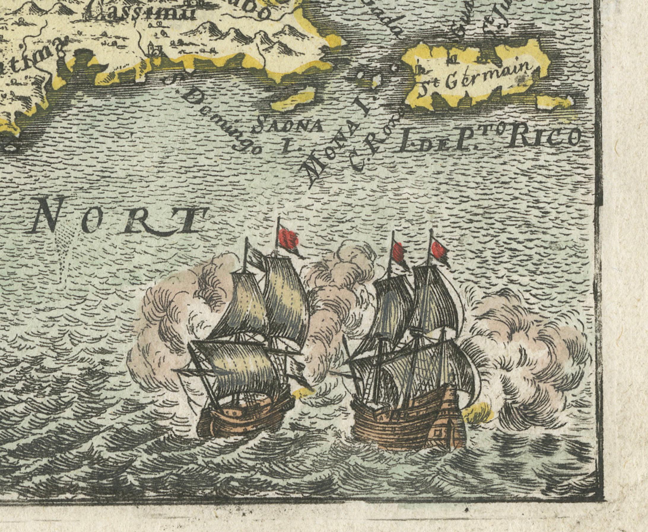 Antique 1683 Map of Hispaniola and Puerto Rico in the Caribbean by Mallet In Good Condition For Sale In Langweer, NL