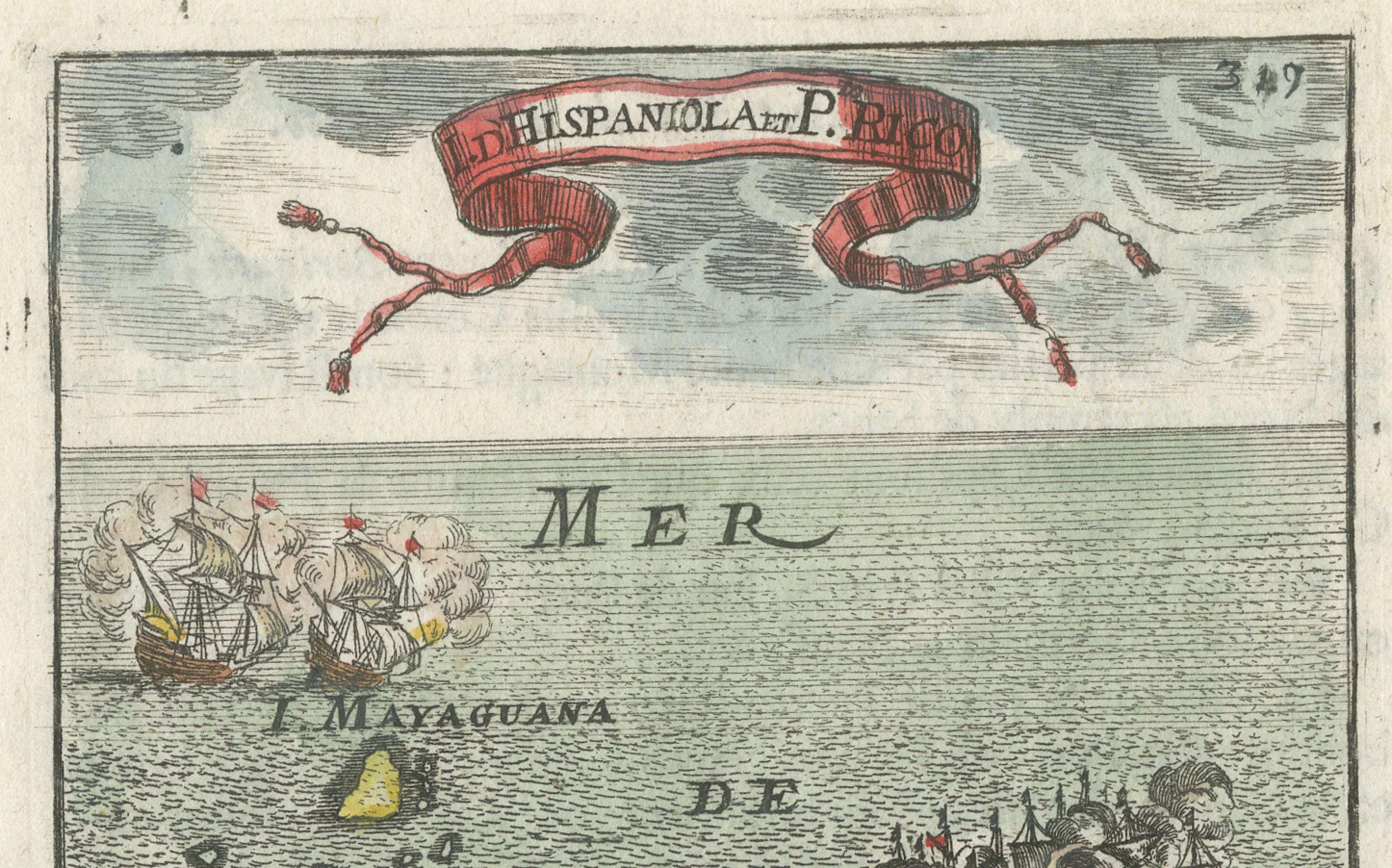 Mid-19th Century Antique 1683 Map of Hispaniola and Puerto Rico in the Caribbean by Mallet For Sale