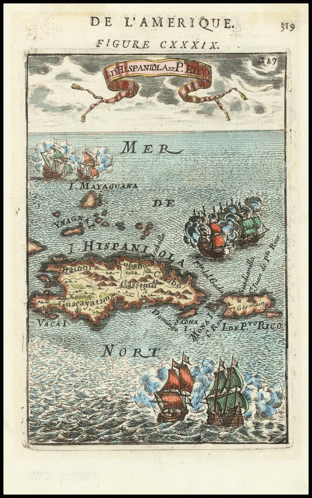 Paper Antique 1683 Map of Hispaniola and Puerto Rico in the Caribbean by Mallet For Sale