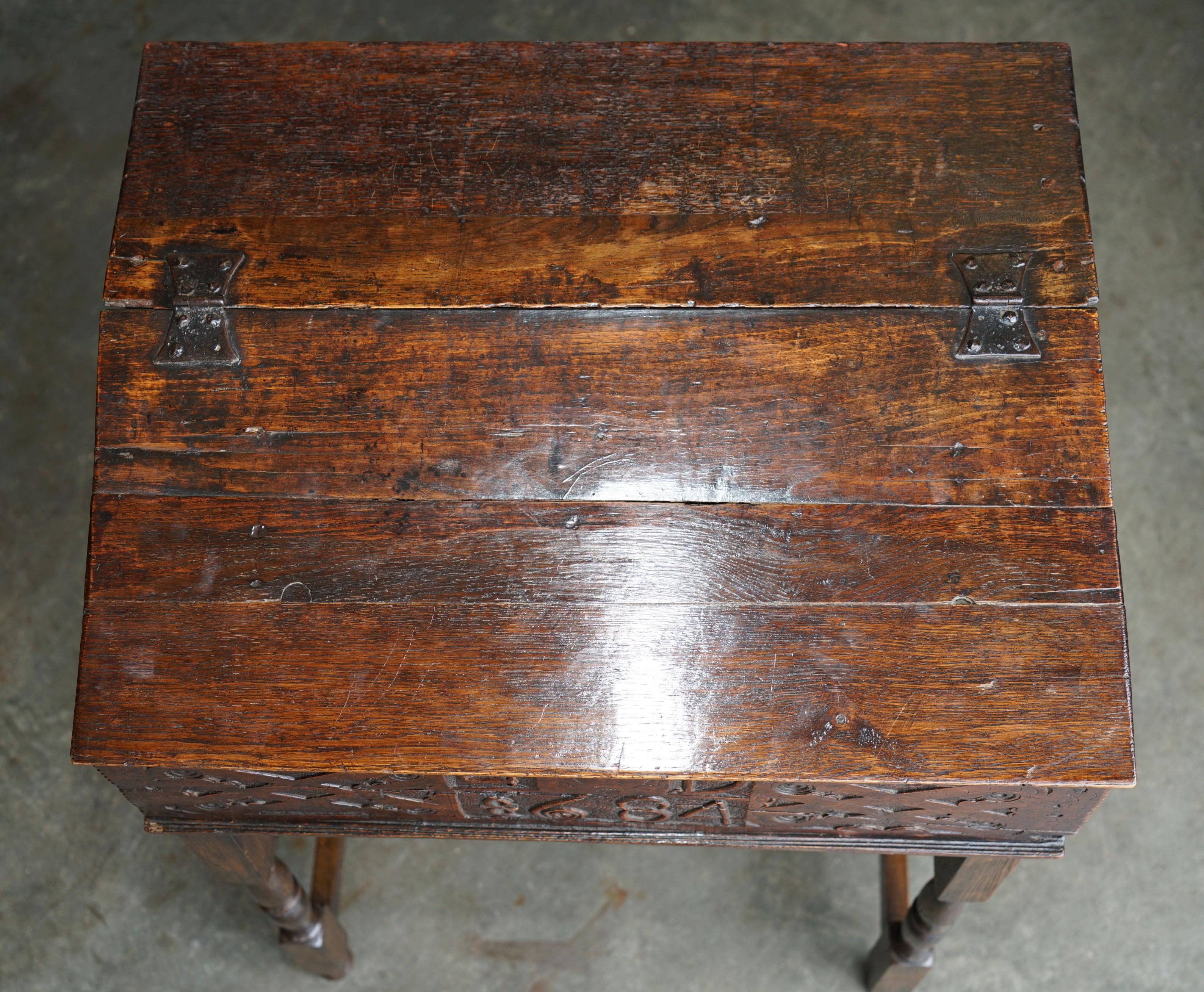 ANTIQUE 1684 DATED HAND CARVED 17TH CENTURY LIFT TOP WRITiNG TABLE DESK BIBLE For Sale 1