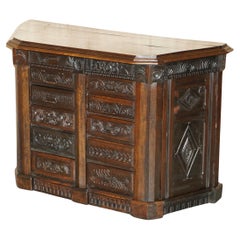 Antique 1685 DATED HAND CARVED CHEST OF DRAWERS SIDEBOARD WITH SIDE CUPBOARDs