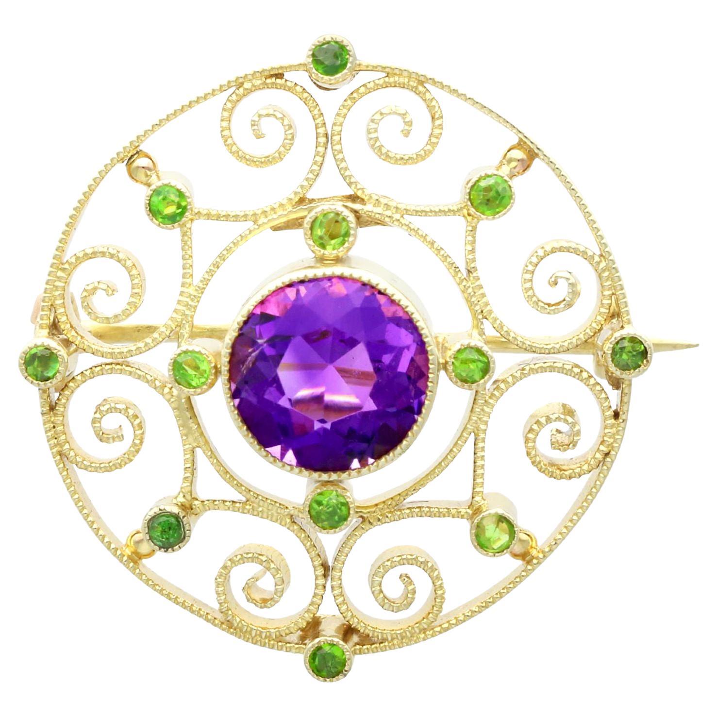 Antique 1.69 Carat Amethyst and 0.22 Carat Peridot Yellow Gold Brooch For Sale