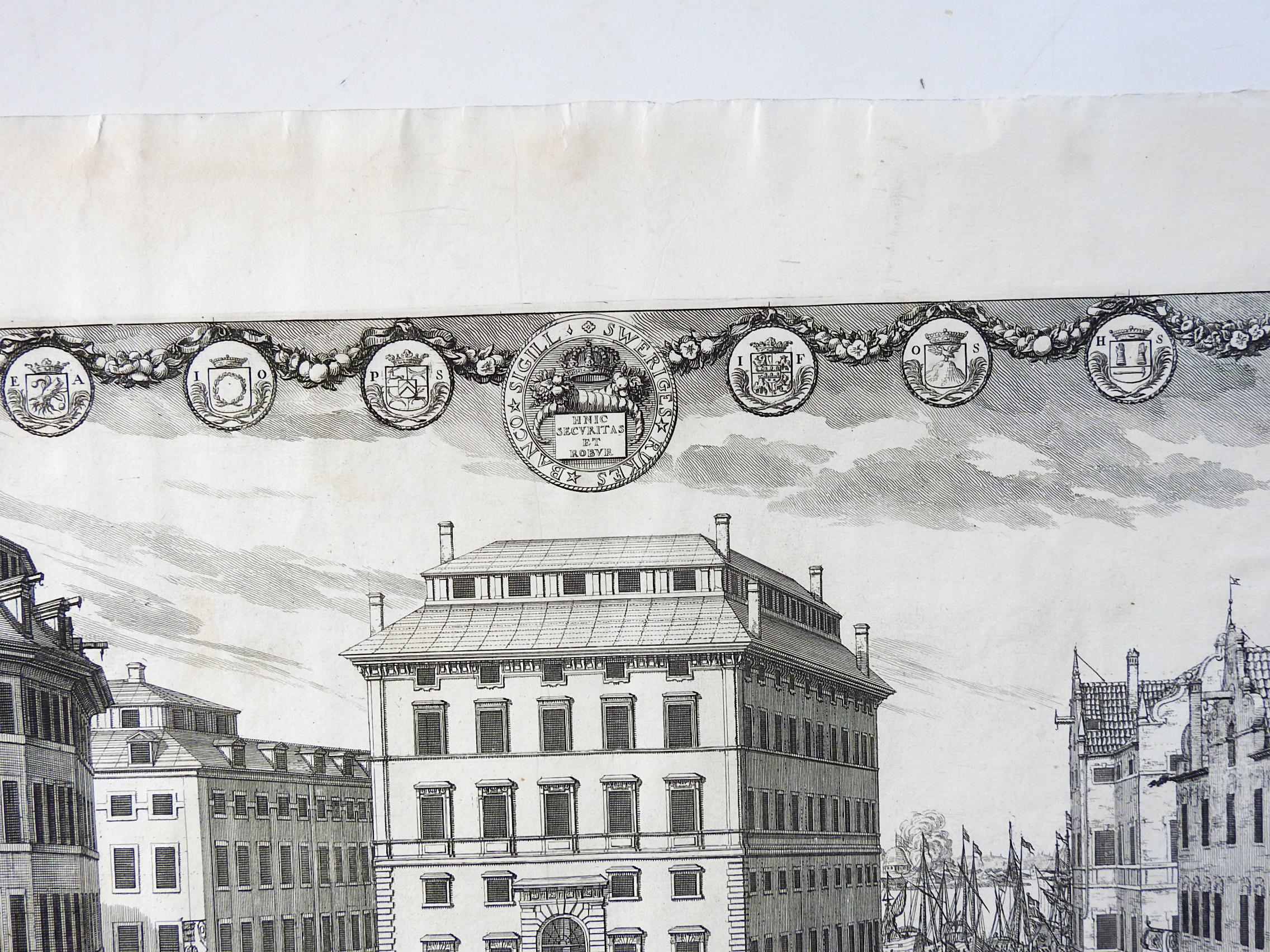 1691 Etching on paper of Stockholm Södra Bankohuset (State Bank), by Willem Swidde. From a large series of etchings collected by Erik Dahlberg. Unframed, minor age toning, few spots in margins. We have several of these Swedish etchings of various