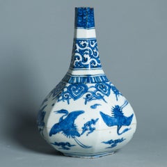 Antique 16C Ming Jiajing Vase Chinese Porcelain Blue White Cranes. Hare Mark