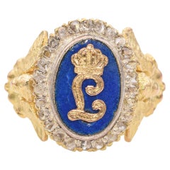 Anello antico in oro giallo 16k e smalto con iniziale "L" e diamante taglio rosa a raggiera