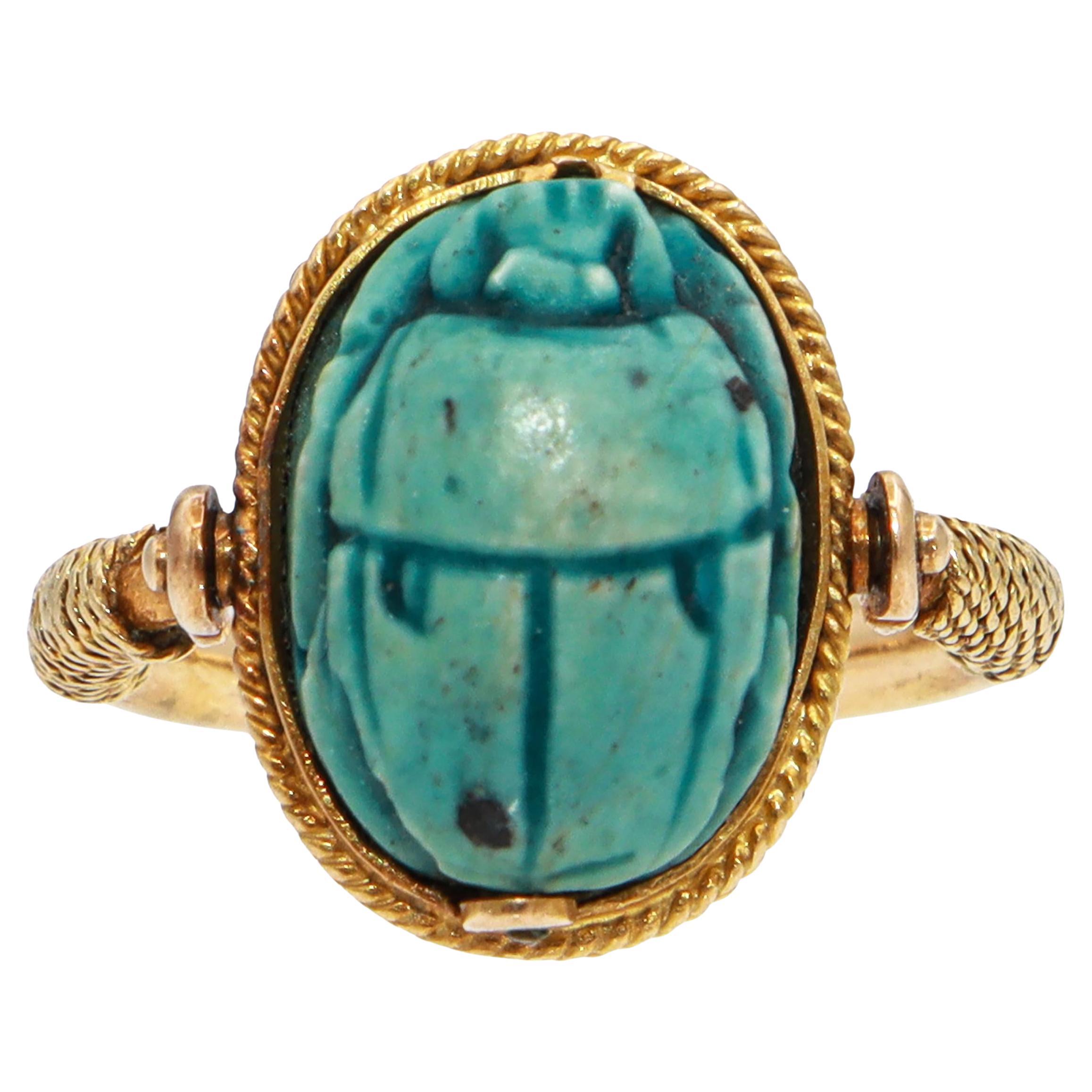 Bague pivotante en or jaune 16k ancienne en forme de scarabée de style égyptien