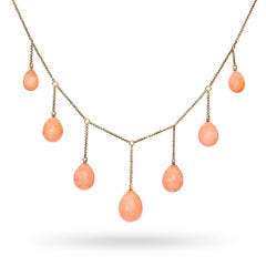 Antique 16k Yellow Gold Graduated Coral Bead Drop Festooon Necklace