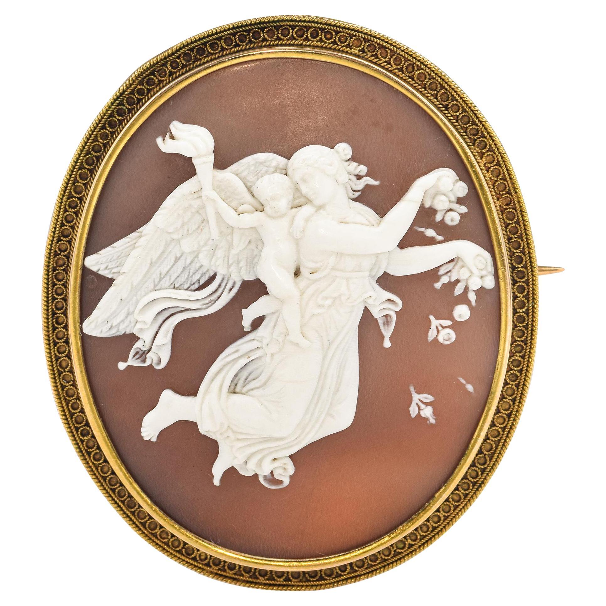 Antique 16k Yellow Gold Shell Cameo  "Aurora with the Genius of Light" Brooch