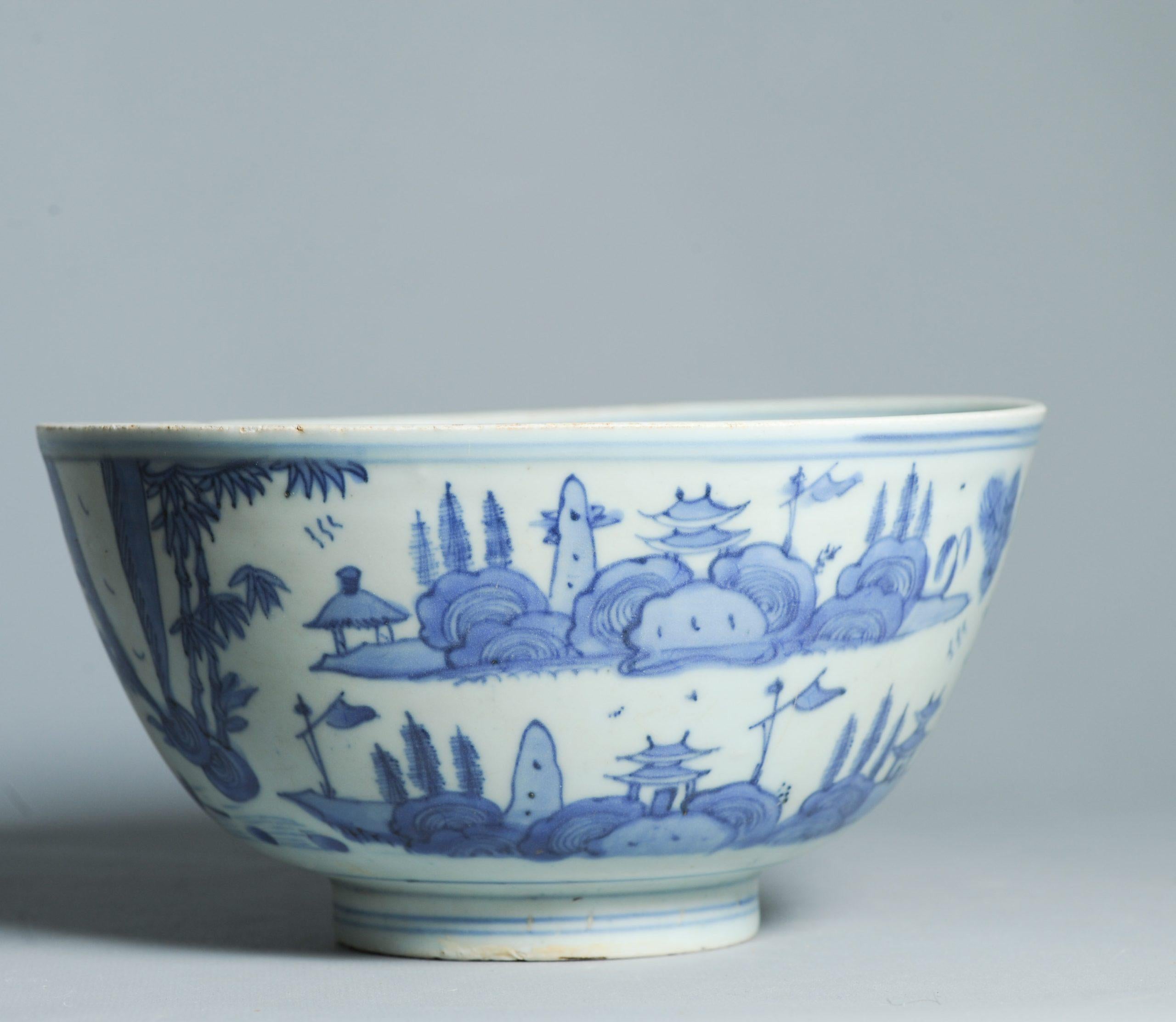 Antike 16. C Ming Jiajing Schale Chinesisches Porzellan Blau und weiß Landschaft im Angebot 6