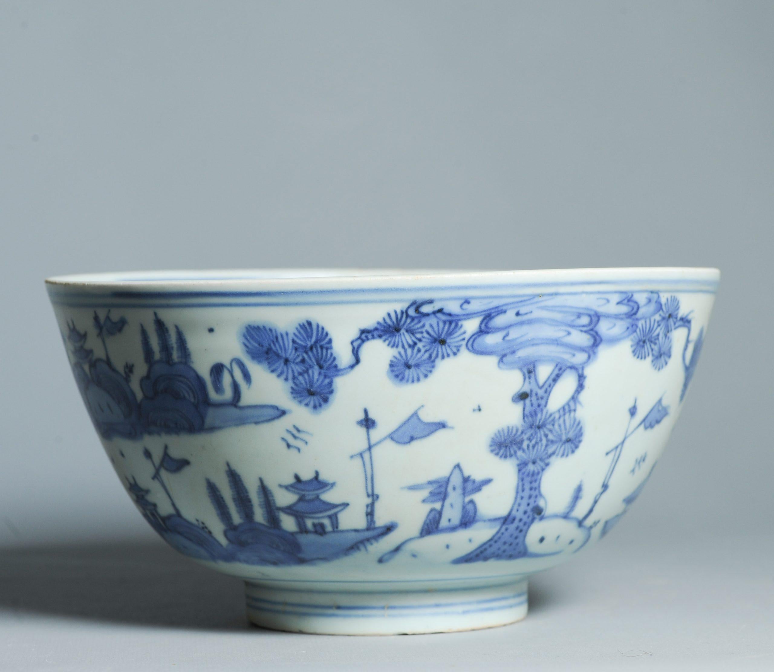 Antike 16. C Ming Jiajing Schale Chinesisches Porzellan Blau und weiß Landschaft im Angebot 7