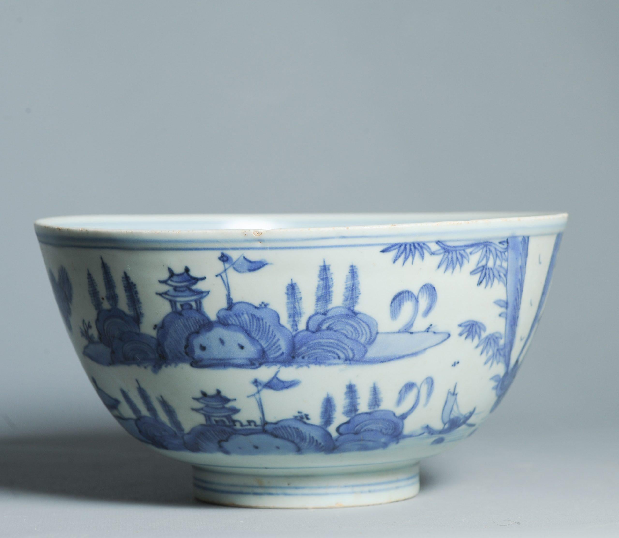Antike 16. C Ming Jiajing Schale Chinesisches Porzellan Blau und weiß Landschaft im Angebot 8